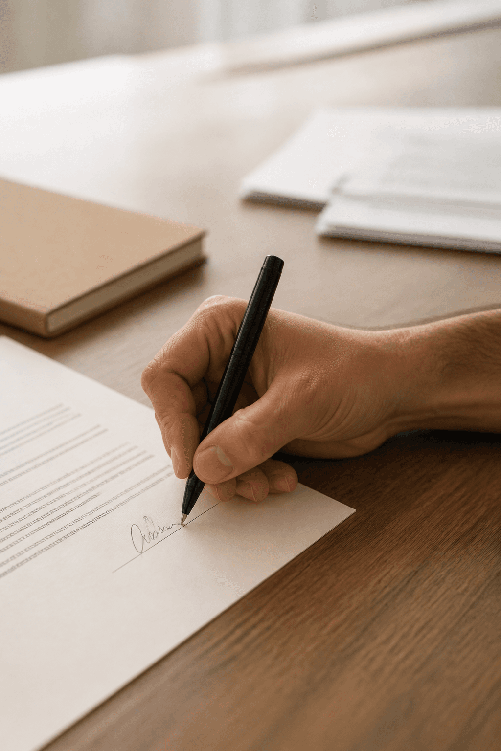Mano firmando un contrato de trabajo sobre un escritorio